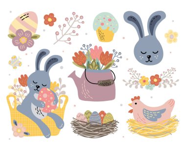 a set of cute vector illustrations on the theme of easter bunny on a basket of flowers hen and colored eggs. Vector illustration