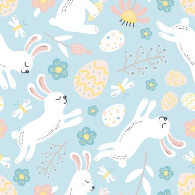 easter pattern with white easter bunnies and flowers vector. Vector illustration