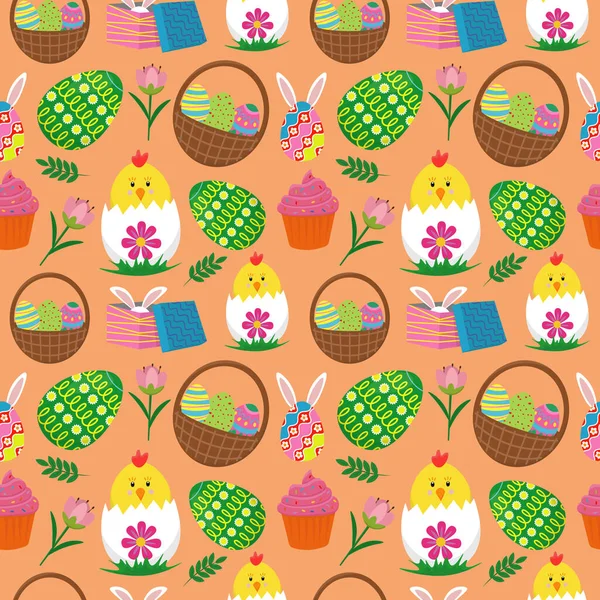 Musterbild Für Einen Fröhlichen Osterurlaub Mit Elementen Aus Eiern Blumen — Stockvektor