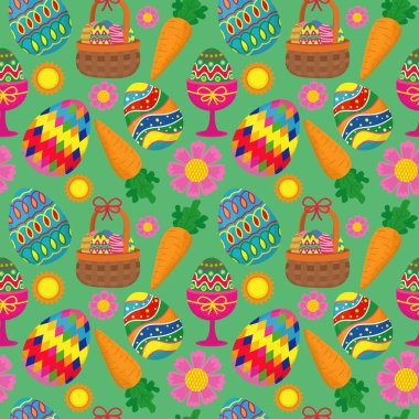 Yumurta, çiçek, havuç, yumurta ve sepetli yumurta öğeleriyle mutlu Paskalya tatili için desen resmi. Vektör illüstrasyonu