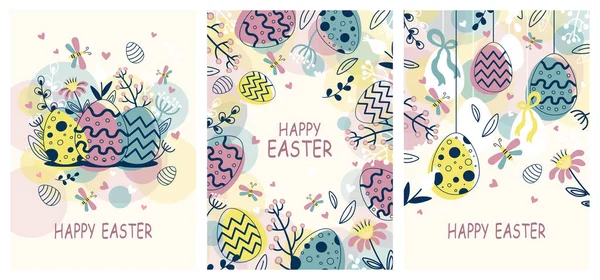 Frohe Ostern Grußkarte Set Ostereier Und Blumen Vektorillustration — Stockvektor