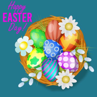 Mavi arka planda yumurta ve paskalya çiçekleri olan şirin bir hasır yuva. Vektör illüstrasyonu