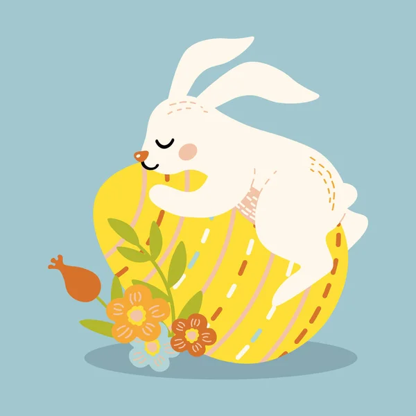 Lindo Conejo Encuentra Gran Huevo Pascua Ilustración Vectorial — Vector de stock