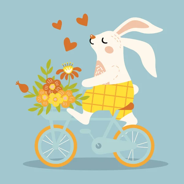 Niedlichen Frühlingshase Fährt Ein Fahrrad Ostern Vektorillustration — Stockvektor
