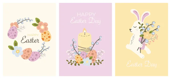 Set Von Niedlichen Glückwunschkarten Ostern Hasen Ostereier Blumen Frühling Vektorillustration — Stockvektor