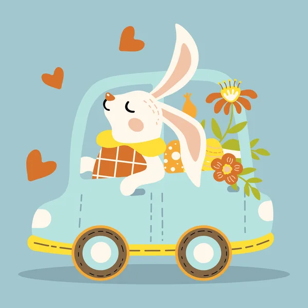 Милый Весенний Пасхальный Кролик Машине Векторная Иллюстрация Лицензионные Стоковые Иллюстрации