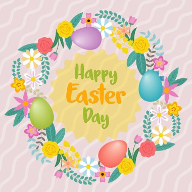 Paskalya günü için bir sürü çiçek ve tatil yumurtası içeren tebrik kartı. Vektör illüstrasyonu