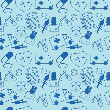 Ambülans, doktor, test tüpü, şırınga, haç, hap, kalp ve test sonuçları içeren tıbbi örnekler. Vektör illüstrasyonu