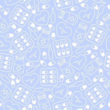 Tıbbın kusursuz mavi deseni ve geleneksel tıbbi unsurları. Vektör illüstrasyonu