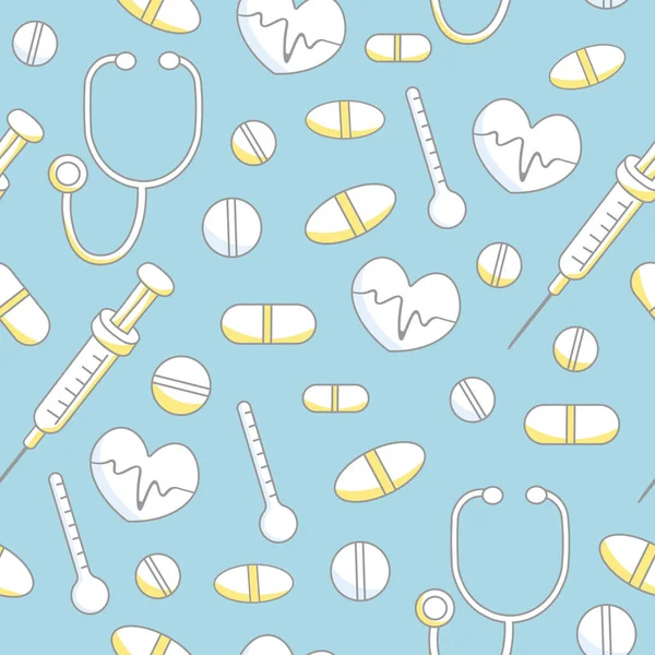 Bezszwowy Niebieski Wzór Białymi Wzorami Żółtymi Tabletkami Akcentującymi Lek Strzykawkę — Wektor stockowy