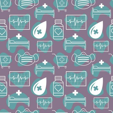 Hastane yatağının renk unsurları, nabız monitörü, haplı şişe, maske ve araba. Vektör illüstrasyonu