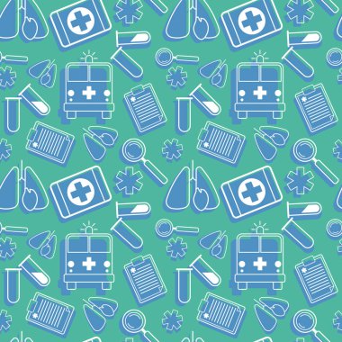 Sağlık kiti, yemek tarifi, tüpler, ambulans, büyüteç ve kalbi olan akciğerlere ait tıbbi unsurlar.