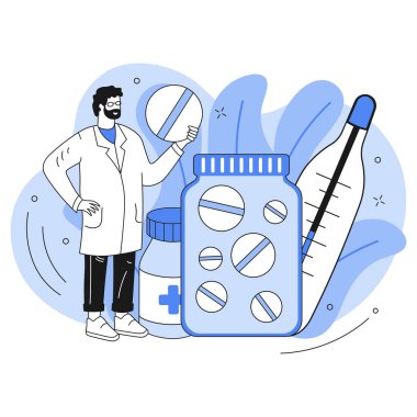 Doktor ilaç taşıyıcısı olan bir konteynırdan hap alıyor. Vektör illüstrasyonu