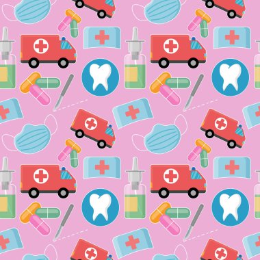 Hap, ambulans, neşter, burun spreyi, şapka ve diş unsurları içeren renk şablonu. Vektör illüstrasyonu