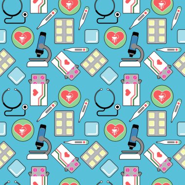 Hap kabarcıkları, setoskop, mikroskop ve tıbbi işaretlerin renkleri. Vektör illüstrasyonu