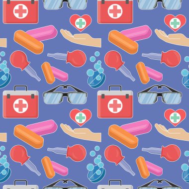 color medical pattern with elements of pills, glasses, sign of healthcare, medicine chest and douche. Vector illustration