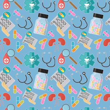 Renkli tarif, işaret, hap, anket büyüteç, steteskop ve böbrek örnekleri. Vektör illüstrasyonu