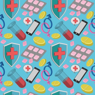 Sağlık kalkanı, cinsiyet sembolleri, haplar, tüp ve telefon içeren renk kalıpları. Vektör illüstrasyonu