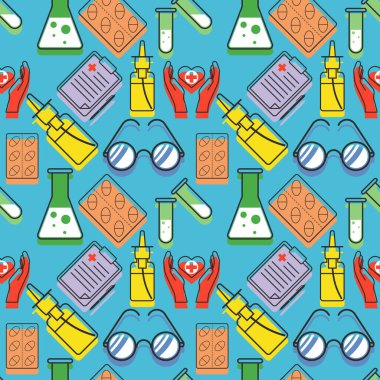 İlaçlar, burun spreyi, laboratuvar tüpleri ve mataralar, sağlık tabelaları, gözlükler ve tıbbi raporlar içeren düz renk kalıpları. Vektör illüstrasyonu