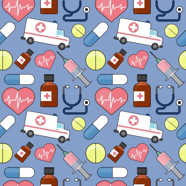 Modèle Avec Des Éléments Médicaux Coeur Pilules Ambulance Bouteille Seringue — Image vectorielle