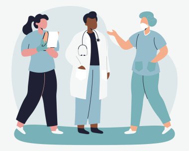 Tıbbi uzmanlardan oluşan bir ekip. Koruyucu maskeli Doktor Hemşire. Vektör illüstrasyonu
