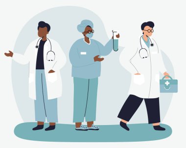 Tıbbi uzmanlardan oluşan bir ekip çantalı ilk yardım çantalı bir doktor ve mataralı bir laboratuvar asistanı. Vektör illüstrasyonu