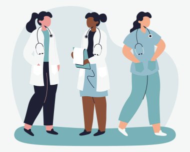 Profesyonel doktor hemşirelerden oluşan bir ekip. Vektör illüstrasyonu