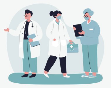 Tıp uzmanlarından oluşan bir ekip. Tıbbi kartı olan doktor. Vektör illüstrasyonu