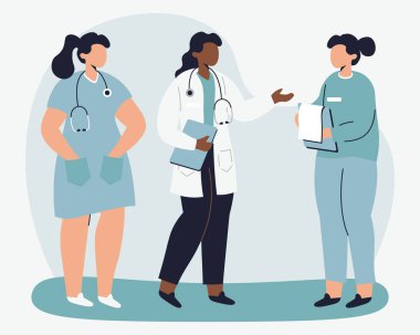 Tıp uzmanlarından oluşan bir ekip doktor ve hemşire. Vektör illüstrasyonu