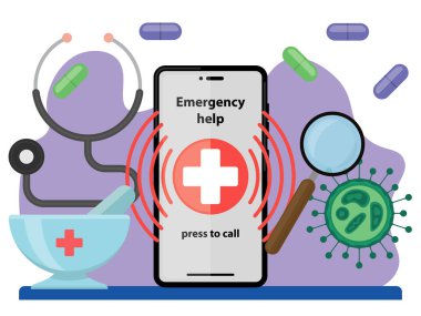 Tıbbi bileşik görüntüde haplar, steteskop, cep telefonu, büyüteç ve virüs var. Vektör illüstrasyonu