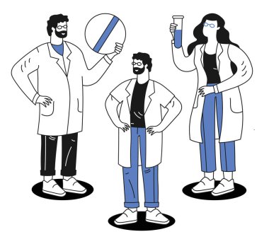 Tıp çalışanları, test tüplü takım doktoru. Vektör illüstrasyonu