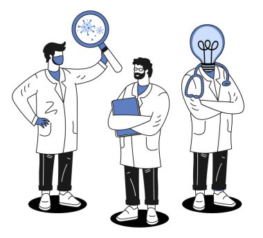 Profesyonel tıp doktorlarından oluşan bir ekip büyüteç mikroplu bir fikir doktoru. Vektör illüstrasyonu