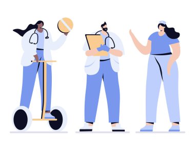 Tıp adamları segway 'deki doktorları ve hemşireleri tabletle yönlendiriyor. Vektör illüstrasyonu