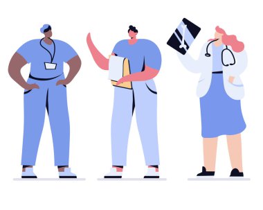 Sıhhiyeciler doktorları ve hemşireleri röntgenle yönlendiriyor. Vektör illüstrasyonu
