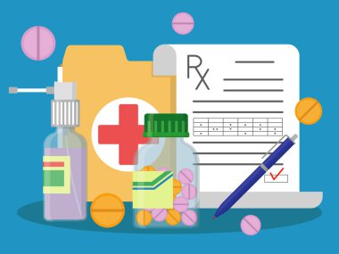 Bileşik görüntü tıbbi sprey, klasör, tarif, kalem, hap ve ilaç şişesinden oluşuyor. Vektör illüstrasyonu