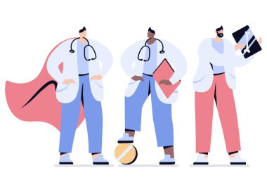 Sıhhiye doktorları ve hemşire doktorları süper kahraman yağmurluğu giyiyorlar. Vektör illüstrasyonu