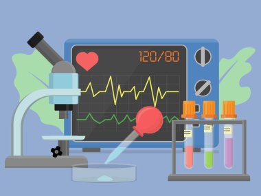kompozisyon görüntüsü mikroskop, dijital izleme ekranı, pipet, laboratuvar tüpleri ve petrie kabından oluşur. Vektör illüstrasyonu