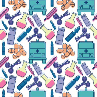 İlaç, makas, laboratuvar şişesi, ampul, termometre, ambulans ve şişe renginde tıbbi desen. Vektör illüstrasyonu