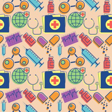 Moleküler ağ, küre, dosyalar, kalp atışı, şırınga, ampul ve stetoskop elementleri içeren renk kalıbı. Vektör illüstrasyonu