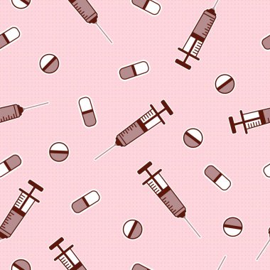 Kusursuz pembe desenli ilaç şırıngaları ve hap vektörü. Vektör illüstrasyonu