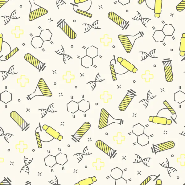 stock vector Seamless beige pattern with outline icons with yellow accent laboratory medicine. Vector illustration