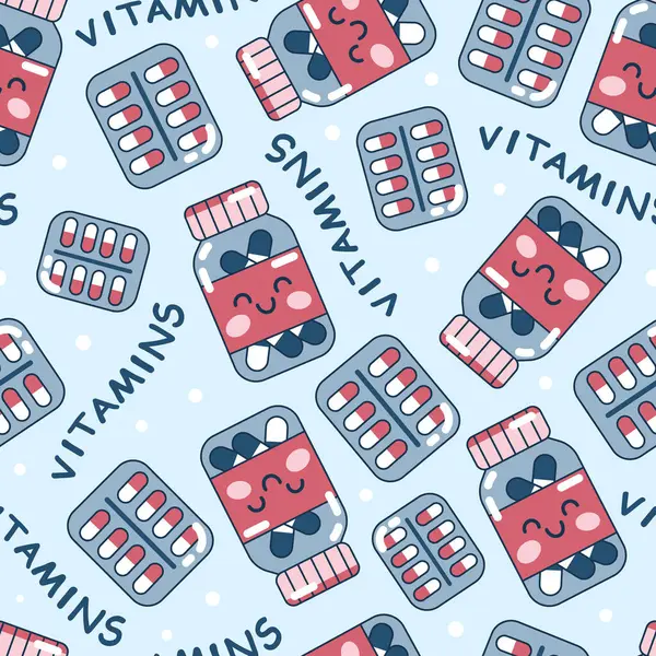 Seamless Blue Pattern Medicine Fun Capsules Vitamins Vector Illustration — Stock Vector