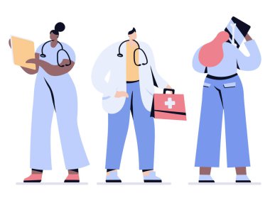 Doktorlar doktor ve hemşireleri ilk yardım setiyle röntgen doktoruna yönlendirir. Vektör illüstrasyonu