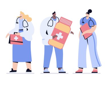 Doktorlar doktorları ve hemşireleri ilaç şişesiyle yönlendirir. Vektör illüstrasyonu