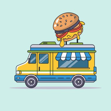 Yemek kamyonu sarı otobüsü burger vektör çizimi satıyor. Vektör illüstrasyonu