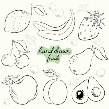 Elinde meyve çizim stili olan 8 set. Vektör illüstrasyonu