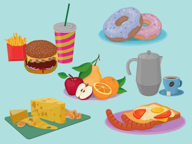 Peynir, hamburger, çörek, kahve, meyve, sahanda yumurta ve kızarmış sosis renkleri. Vektör illüstrasyonu