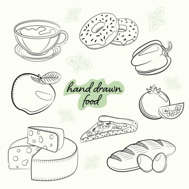 Kahve, çörek, elma, paprika, domates, ekmek ve peynirli fincanın robot resimleriyle dolu. Vektör illüstrasyonu