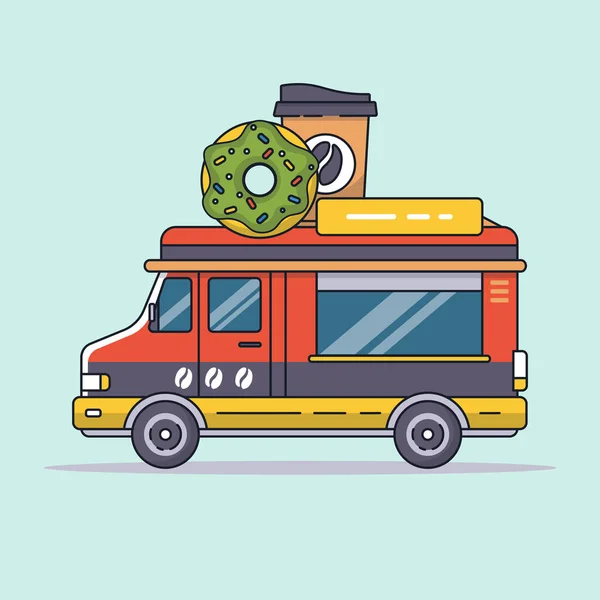 用汽车媒介图解出售咖啡和甜甜圈的食品卡车红色公共汽车 矢量说明 — 图库矢量图片