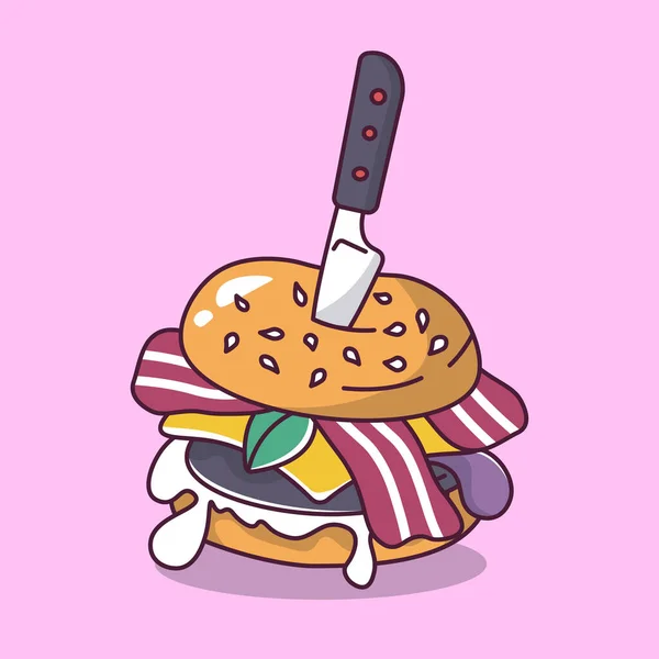 Couteau Hamburger Avec Illustration Vectorielle Style Dessin Animé Jambon Illustration — Image vectorielle